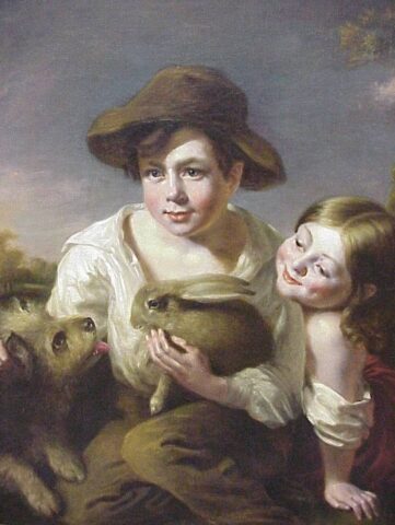 A Boy And Girl With Rabbit And Dog